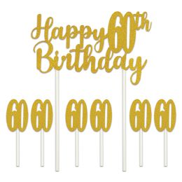 12 Pieces Happy  60th  Birthday Cake Topper 6-1  X 3.5  '60' Picks Included - Party Accessory Sets