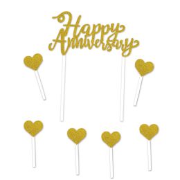 12 Pieces Happy Anniversary Cake Topper Gold; 6-1.25  X 3.25  Heart Picks Included - Party Accessory Sets