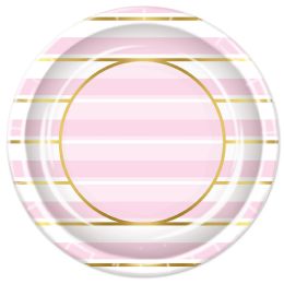 12 of Striped Plates Pink, White, Gold; Not Microwave Safe
