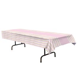 12 of Striped Tablecover Pink, White, Gold; Plastic