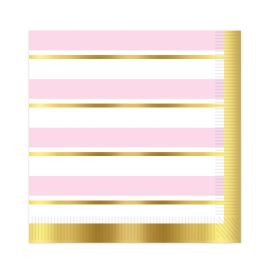 12 Pieces Striped Luncheon Napkins Pink, White, Gold; (2-Ply); Not Microwave Safe - Party Accessory Sets