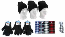 540 Wholesale Adult Beanie Knit Hats, Magic Gloves, And Checkered Scarves Combo Packs