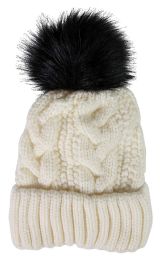 Wholesale Yacht & Smith Womens Pom Pom Beanie Hat, Winter Cable Knit Hat, Warm Cap, 3" Poms White