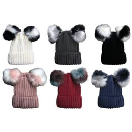 6 Pieces Yacht & Smith Womens 3 Inch Double Pom Pom Ribbed Beanie Hat, Assorted Colors Value Pack - Winter Beanie Hats