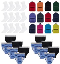 Boys Clothing Kit 12 Pairs White Crew Socks & 12 Pairs Boys Small Underwear & 12 Backpacks
