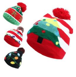 24 Wholesale Christmas Party Beanie 2 Lights Black