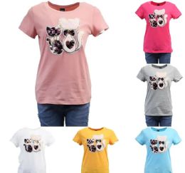24 Wholesale Womens Cotton Rhine Stone Two Cat Print T-Shirt Size S / M