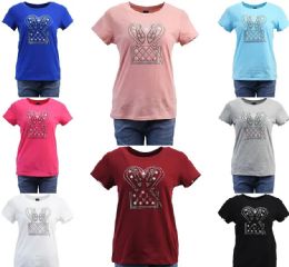 24 Wholesale Womens Cotton Rhinestone Shoe Print T-Shirt Size L / xl