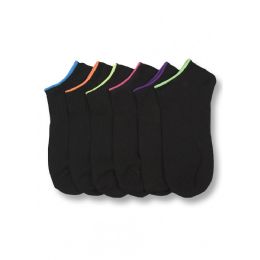 432 Pairs Girl's Black Spandex Ankle Socks With Neon Color Top - Girls Ankle Sock