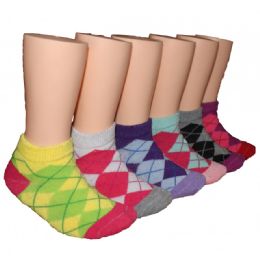 480 Wholesale Girls Argyle Low Cut Ankle Socks Size 4-6