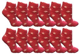 12 Pairs Yacht & Smith Girls Fuzzy Snuggle Socks Pink Polka Dots Size 6-8 - Womens Fuzzy Socks