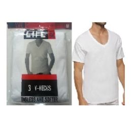 24 Wholesale Life Men's 3pk White V-Neck T-Shirts Size Large