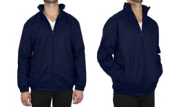 12 Wholesale Men's FleecE-Lined Water Proof Hooded Windbreaker Jacket Solid Navy Size Medium