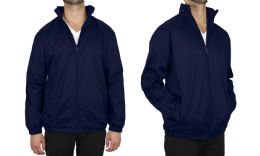 12 Wholesale Men's FleecE-Lined Water Proof Hooded Windbreaker Jacket Solid Navy Size Large