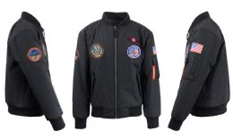 12 Wholesale Men's Heavyweight MA-1 Flight Bomber Jackets Black With Patches Size Small
