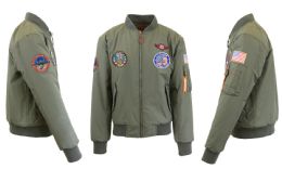 12 Wholesale Men's Heavyweight MA-1 Flight Bomber Jackets Olive With Patches Size Medium