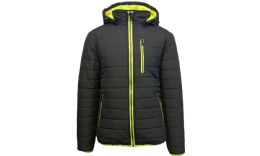 12 Wholesale Men's Heavyweight Puffer Jacket With Detachable Hood Black Lime - Size Medium