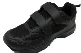 12 Wholesale Men's Velcro Strap Sneaker Black Color Size 8-12