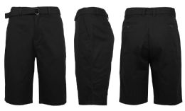 24 Wholesale Mens Belted Cotton Chino Shorts Size 32 Solid Black