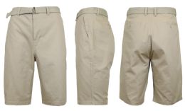 24 Wholesale Mens Belted Cotton Chino Shorts Size 40 Solid Khaki
