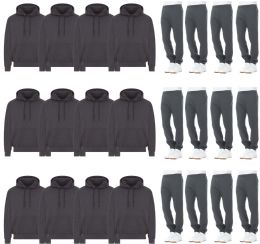 24 Pieces Mens Fleece Cotton Blend 12 Jogger Pants And 12 Hoodies In Gray Size 2X-Large - Mens Sweat Shirt