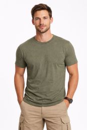 36 Pieces Mens Urban Long Body Short Sleeve Tee Cotton Heather Olive Size Large - Solid T-Shirts