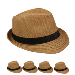 24 Pieces Brown Straw Trilby Fedora Hat With Black Ribbon Band - Fedoras, Driver Caps & Visor