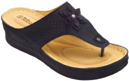 12 Wholesale Platform Sandals For Women Bohemian Flowers Sole Open Toe In Black Color Size 7-11