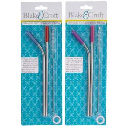48 Wholesale Straw Stainless Steel W/silicone Tip 2pk W/cleaning Brush 2astcolor Combos Blc
