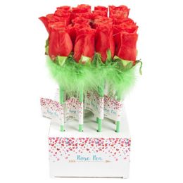 48 Bulk Rose Ballpoint Pen 12in Red W/green Feather Trim/24pc Pdq Barbell Label