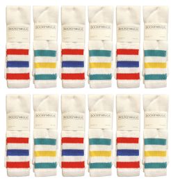 24 Wholesale Yacht & Smith Men's Cotton 31" Inch Terry Cushioned Athletic White Striped Top Tube Socks Size 13-16