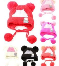 48 Wholesale Toddler Girls Boys Winter Hat Warm Knit Beanie With Ear Flaps And Pom Pom