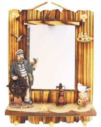 6 Wholesale Hanging Wall Mirror Deco. 18 X14 Inch With Hooks Wooden Pirate/seagull Themed