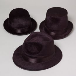 18 Wholesale Hat Black Flocked 3ast Gangster/clown/tophat W/satin Ribbon ht
