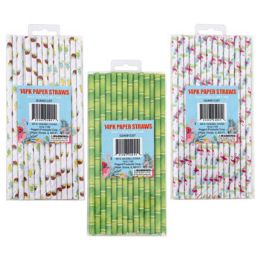 48 Pieces Straw Paper Summer Print 3ast 14ct On 12pc Mdsg Strip/solid Style Per Pack - Straws and Stirrers