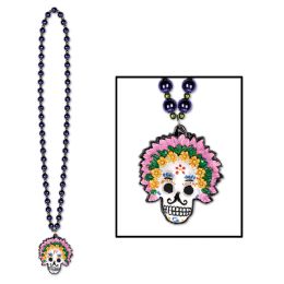 12 Pieces Beads w/Day Of The Dead Medallion - Party Necklaces & Bracelets