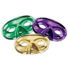 24 Pieces Metallic Half Masks Asstd Gold, Green, Purple; Elastic Attached - Party Hats & Tiara