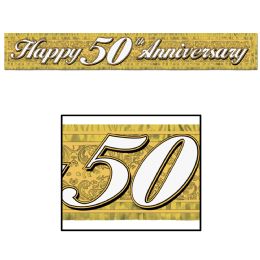 12 Wholesale Metallic 50th Anniversary Fringe Banner Gold; Prtd 1-Ply Pet Fringe