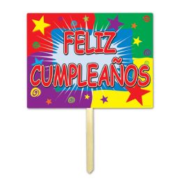 6 Wholesale Plastic Feliz Cumpleanos Yard Sign Attached To 24  Pine Stake