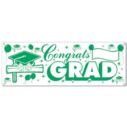 12 Wholesale Congrats Grad Sign Banner Green & White; AlL-Weather; 4 Grommets
