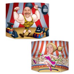 6 Wholesale Circus Couple Photo Prop Prtd 2 Sides W/different Designs; 1 Side Trapeze Artist/other Side Body Builder