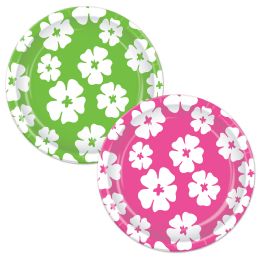 12 Pieces Hibiscus Plates Asstd Cerise & Lime Green - Party Paper Goods