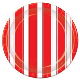 12 Pieces Red & White Stripes Plates - Party Paper Goods