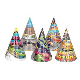 144 Pieces Race Car Birthday Cone Hats - Hanging Decorations & Cut Out