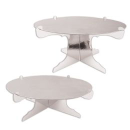 12 Wholesale Metallic Cake Stands Silver; Foil 2 Sides; Assembly Required; 1-4  High & 1-6  High