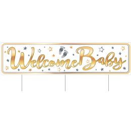 6 Wholesale Plastic Jumbo Welcome Baby Yard Sign TrI-Fold Design; 3 Metal Stakes Included; Assembly Required