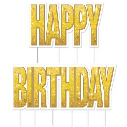 4 Wholesale Plas Jumbo Happy Birthday Yard Sign Set Gold; 1 Pc  Happy ; Other Pc  Birthday ; 10 Metal Stakes Included; Assembly Required