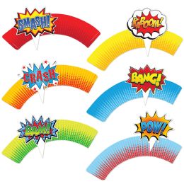 12 Bulk Hero Cupcake Wrappers 12-4 Action Word Toppers Included