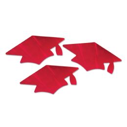 6 Pieces Red Metallic Grad Cap Cutouts - Hanging Decorations & Cut Out