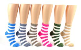 24 Pairs Women's Fuzzy Ankle Socks With Stripes - Size 9-11 - Womens Fuzzy Socks